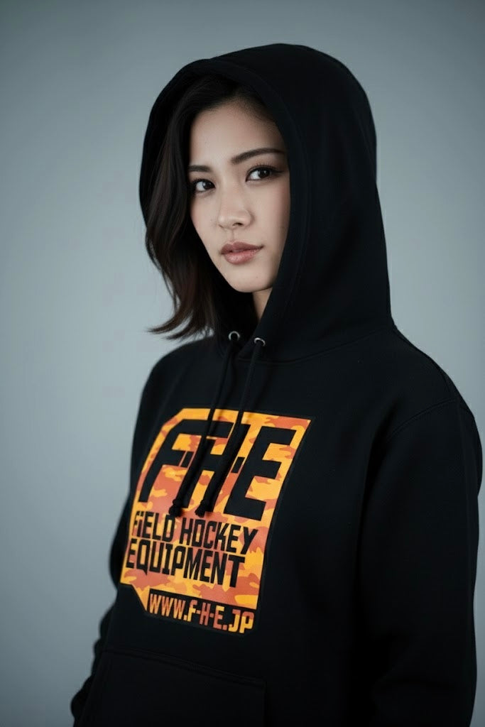 F-H-E カモフラ柄パーカー ブラック/オレンジ