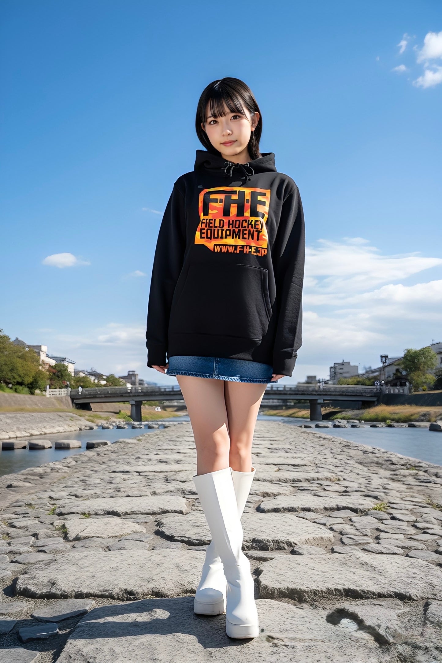 F-H-E カモフラ柄パーカー ブラック/オレンジ