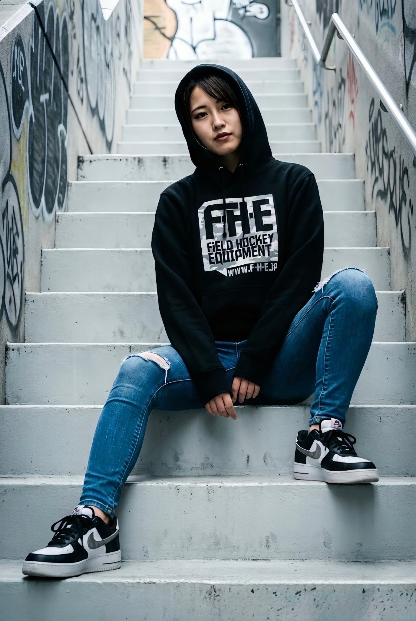 F-H-E カモフラ柄パーカー ブラック/グレー